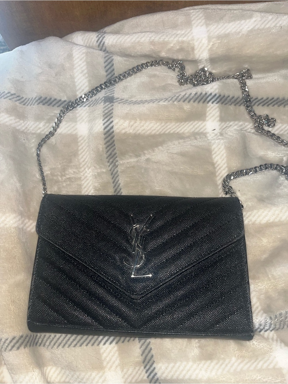 Saint Laurent Black Quilted Leather Crossbody with Silver Chain